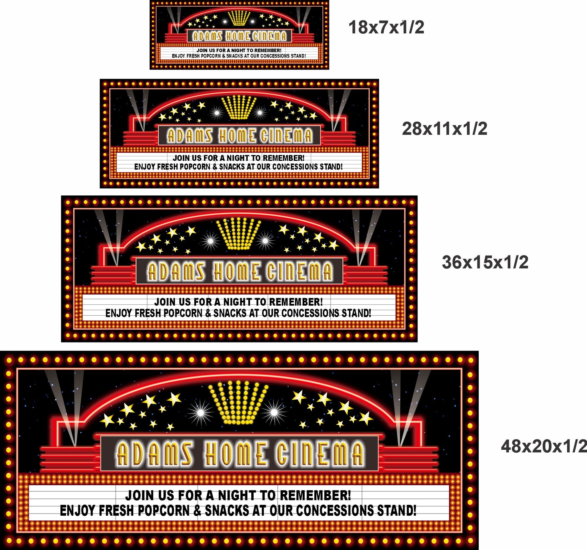 Home cinema marquee sign shown in four available size options