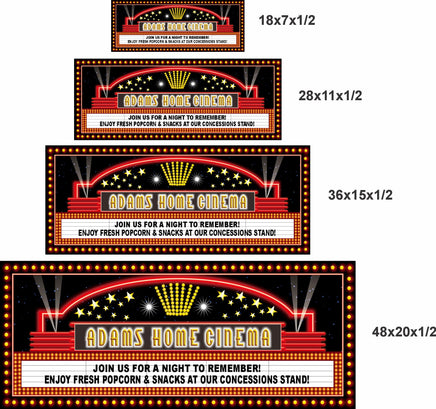 Home cinema marquee sign shown in four available size options
