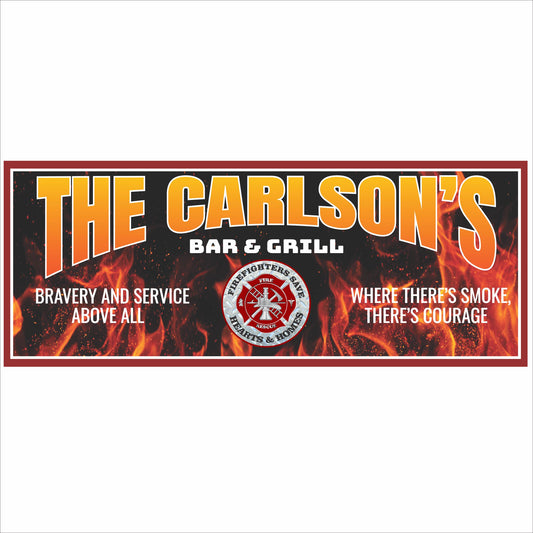 Personalized firefighter bar and grill sign with flames and fire service emblem