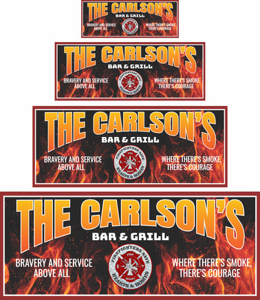 Personalized firefighter-themed bar and grill sign with editable text, featuring a flame background and fire rescue emblem.