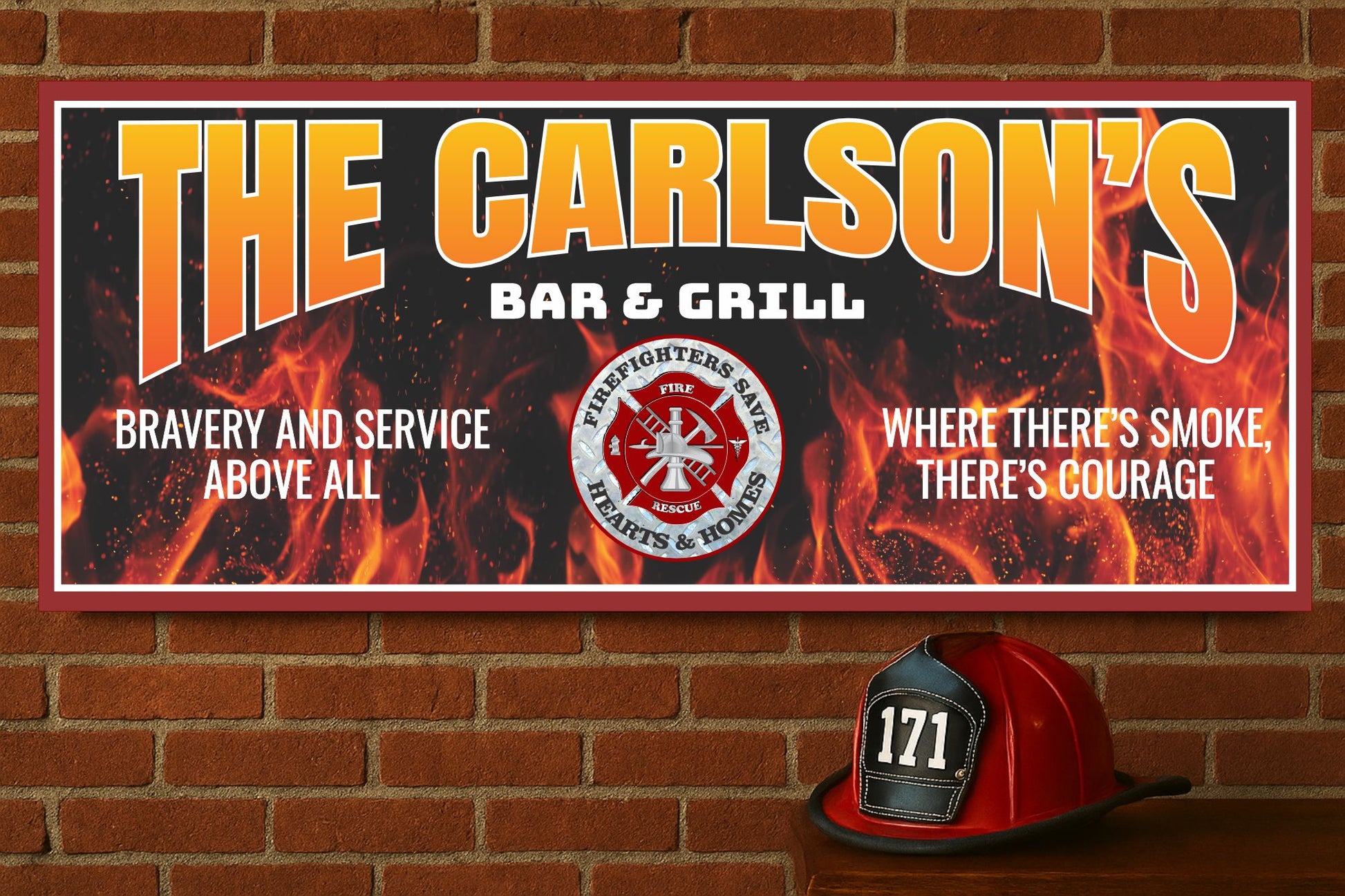 Custom firefighter bar sign displayed on a brick wall with helmet décor