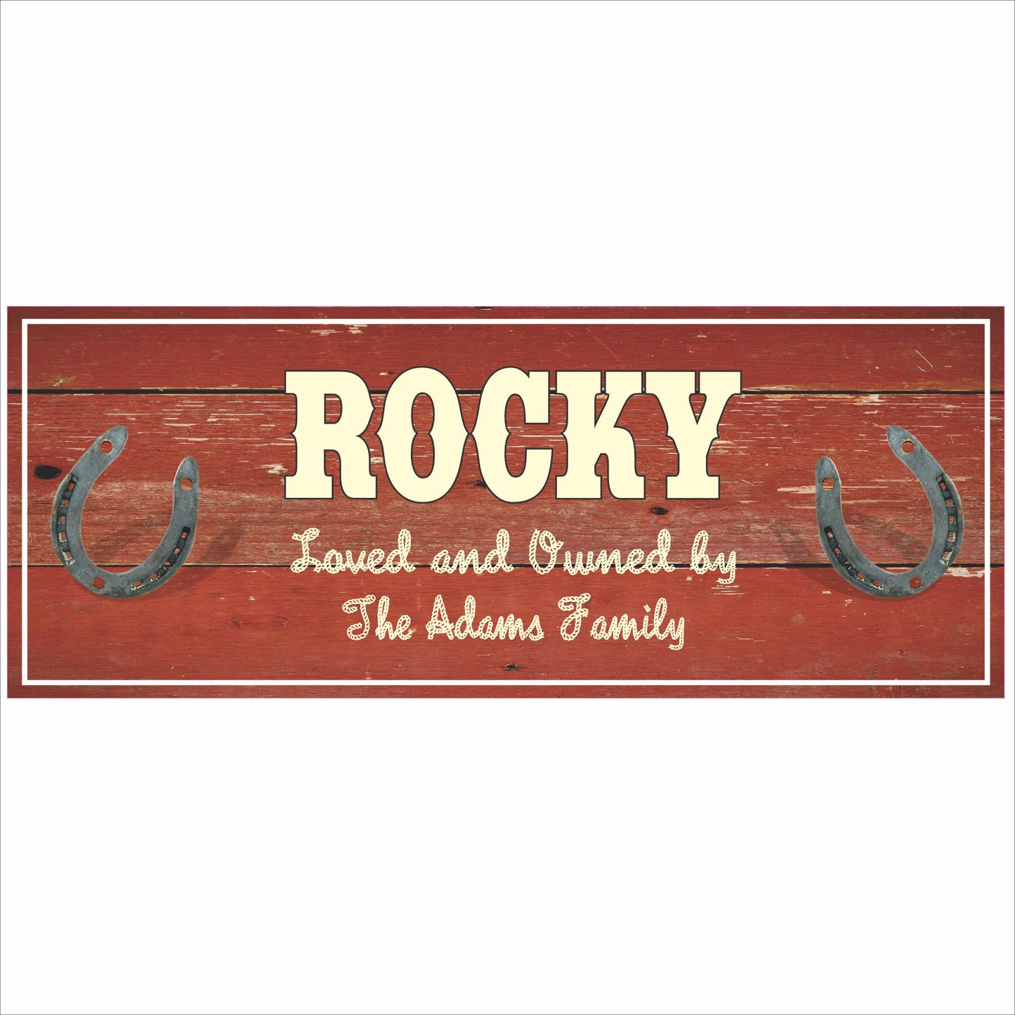 Personalized horse stall name sign with rustic red wood background and horseshoes