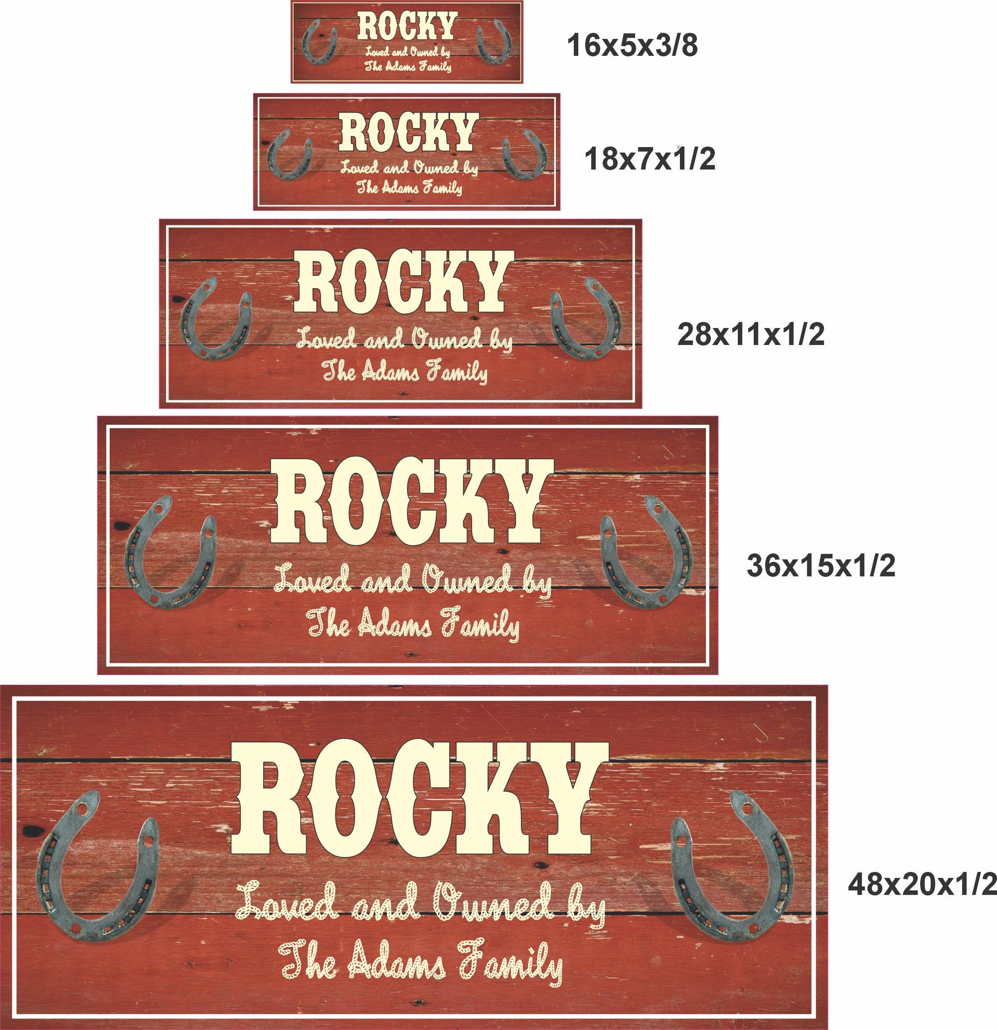 Horse stall name sign shown in five available size options