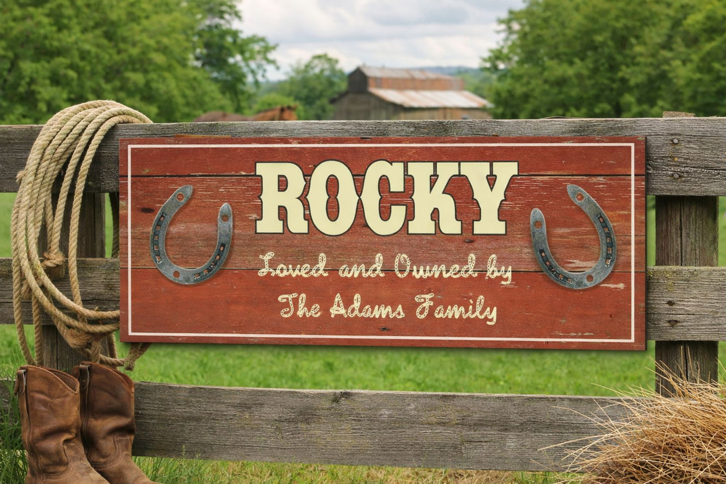 Custom horse name sign displayed on a wooden fence with barn and pasture background