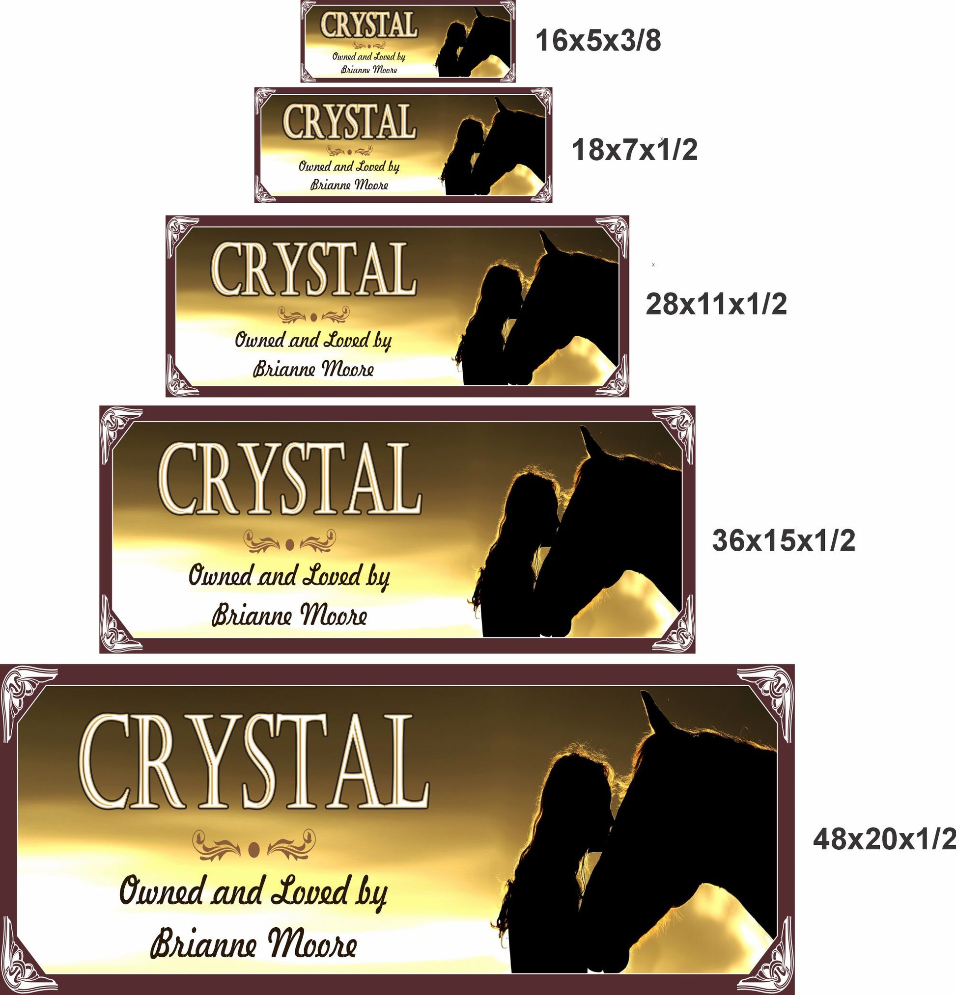 Comparison image showing the horse lover sign in five different sizes to help customers choose the right fit