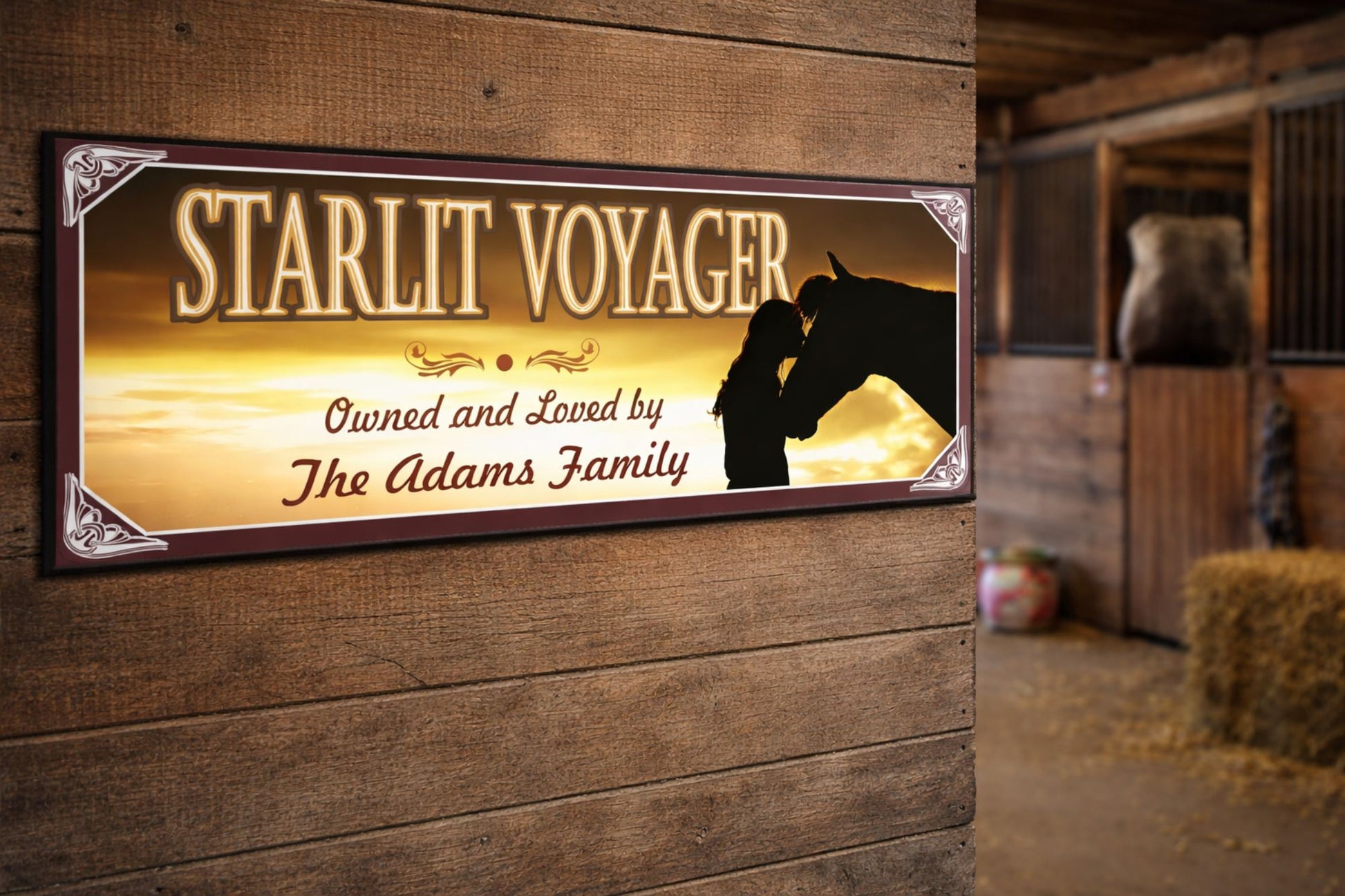 Horse lover wall sign mounted on a stable wall near horse stalls, personalized with name and message