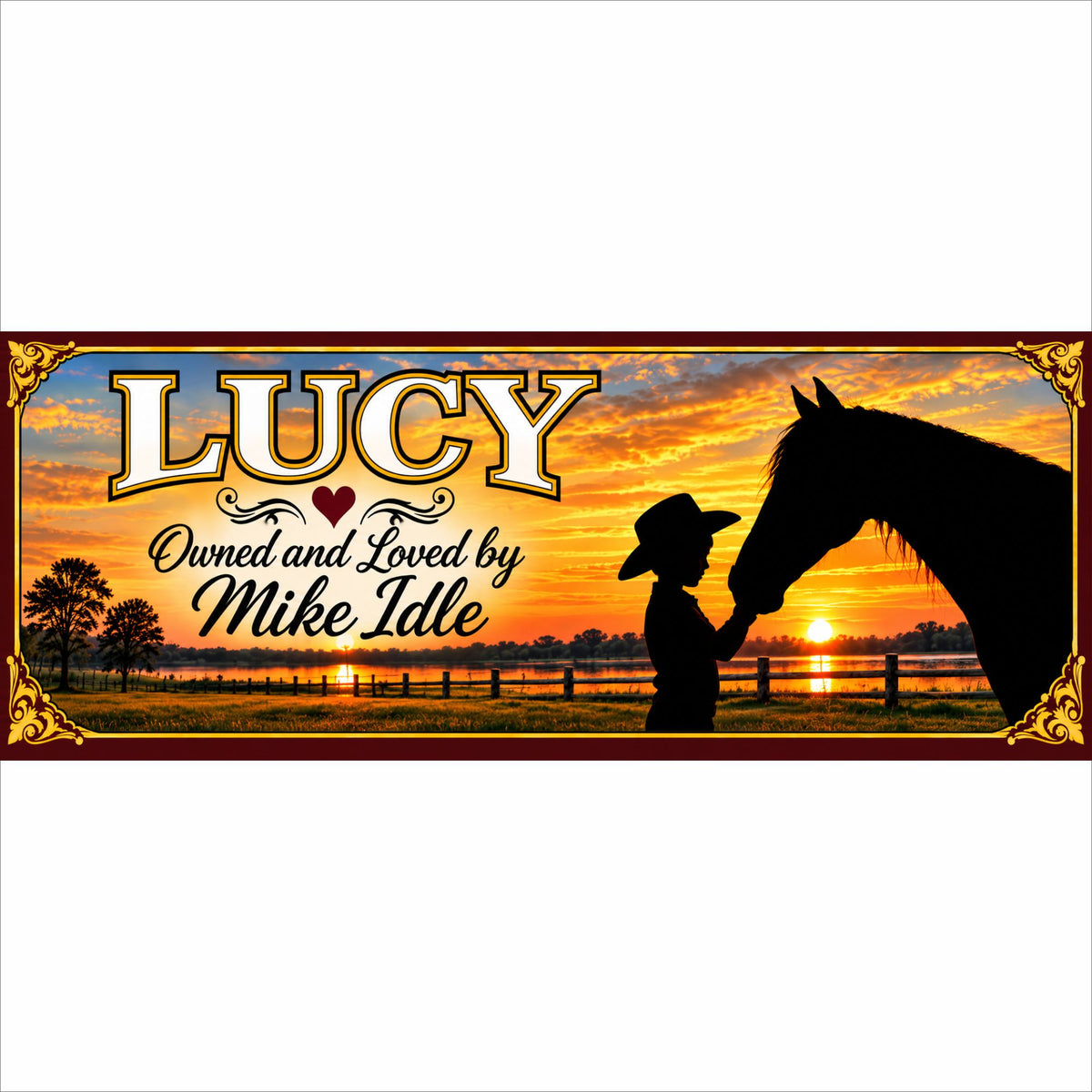 Personalized horse sign with boy and horse silhouette at sunset, custom horse name and three lines of personalized text.