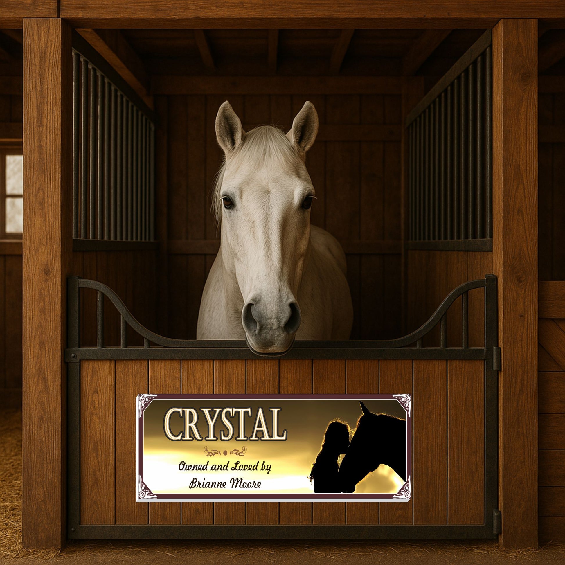 Horse standing in a wooden stall with a personalized horse name sign mounted on the gate, featuring a horse and rider silhouette at sunset, customizable wording