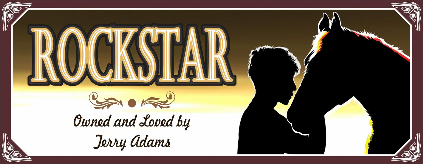 Personalized horse lover sign with horse and boy rider silhouette at sunset, customizable name and message