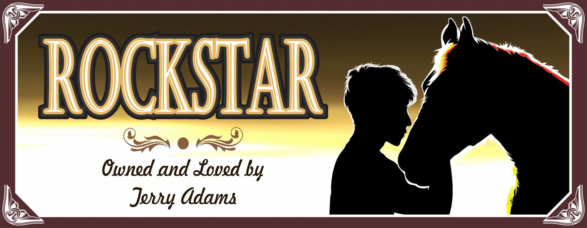 Personalized horse lover sign with horse and boy rider silhouette at sunset, customizable name and message