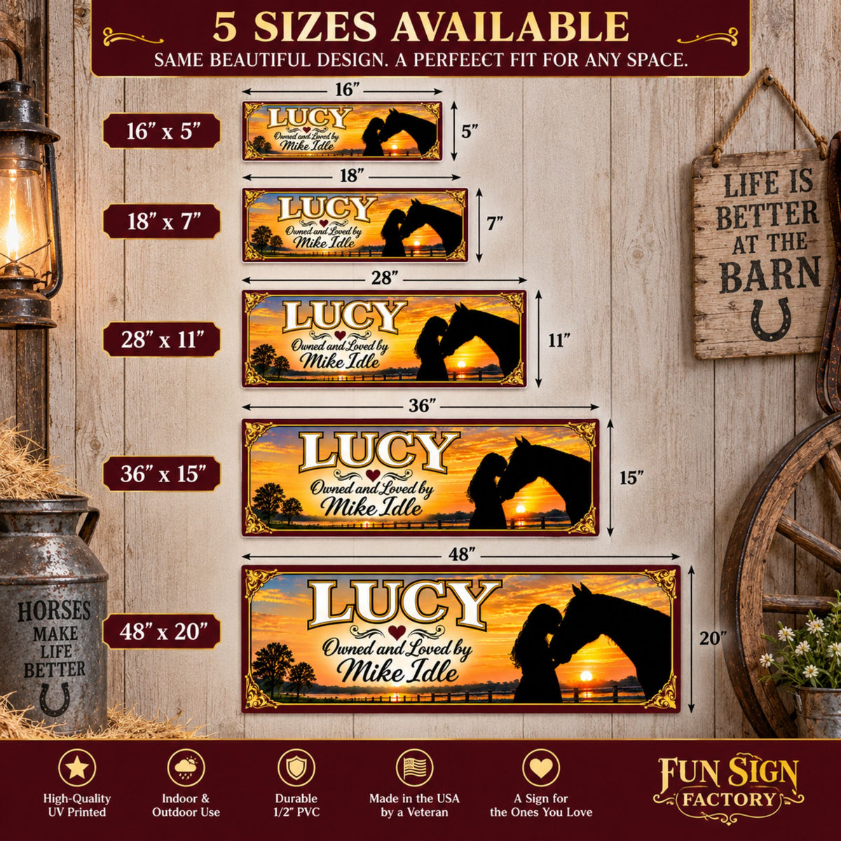 Size infographic showing personalized horse sign in 16×5, 18×7, 28×11, 36×15, and 48×20 sizes.