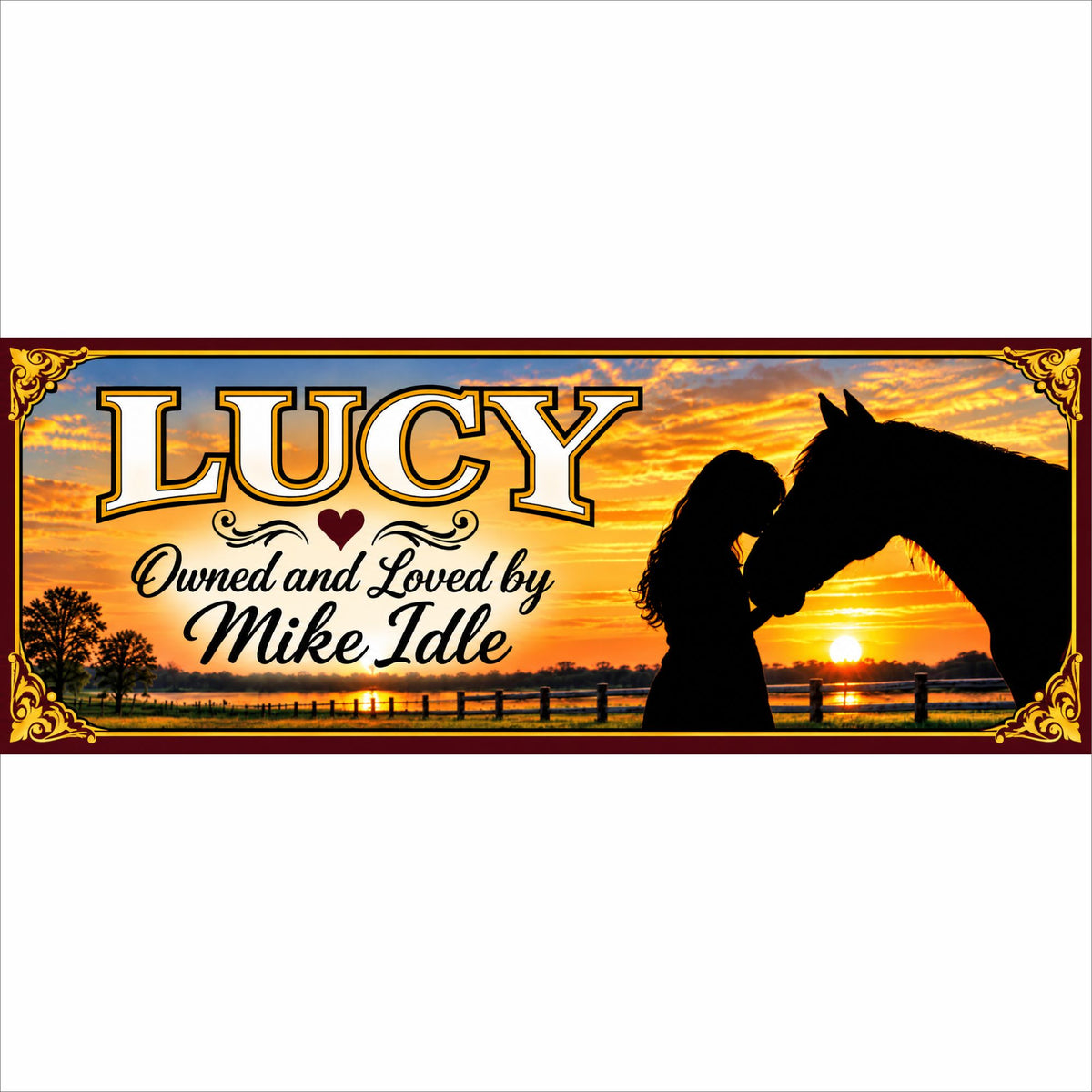 Personalized horse sign featuring a girl and horse silhouette at sunset with custom horse and owner names.