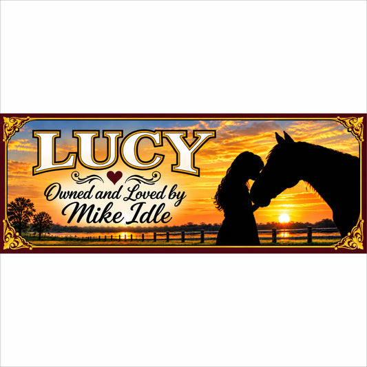 Personalized horse sign featuring a girl and horse silhouette at sunset with custom horse and owner names.