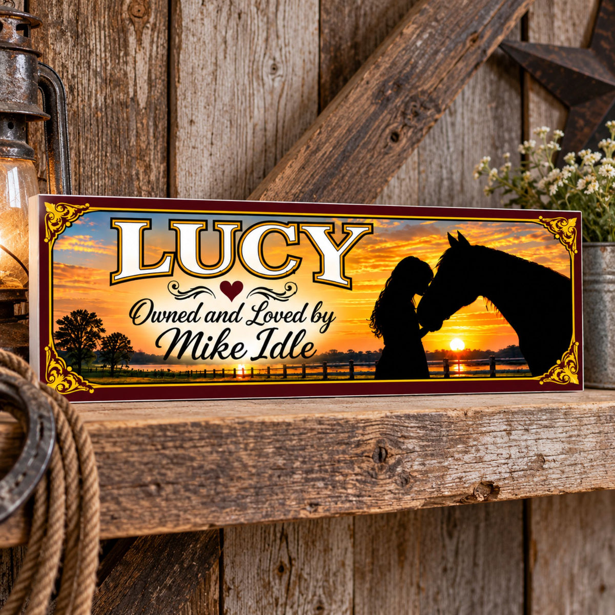 Personalized horse sign displayed on a rustic barn shelf with equestrian decor.