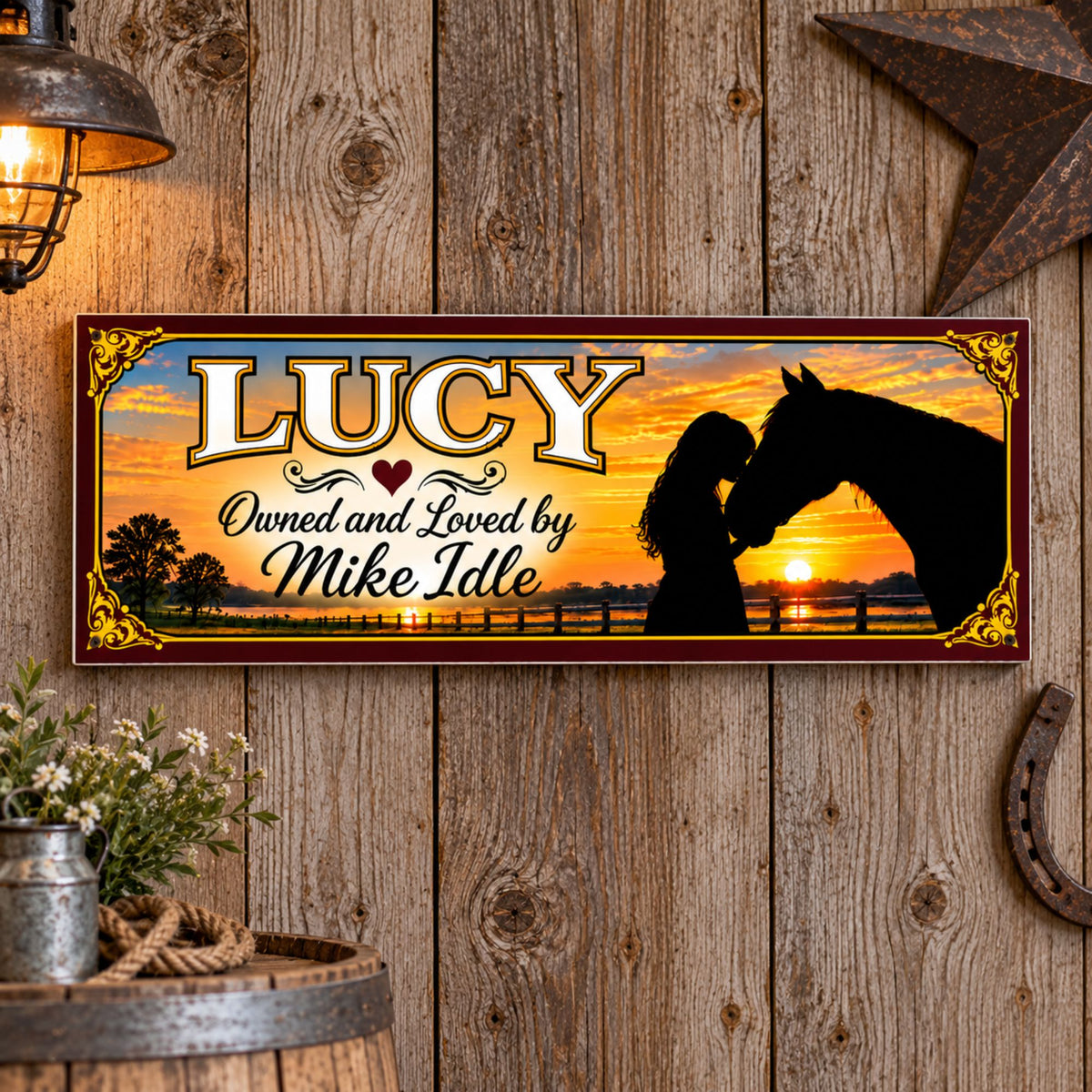 Custom horse sign hanging on a rustic barn wall with sunset horse artwork.