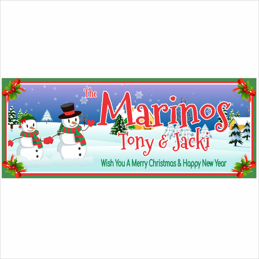 Personalized snowman family Christmas sign with customizable names and holiday greeting