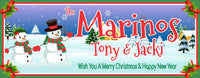 Personalized Christmas sign featuring Mr. and Mrs. Snowman with editable text lines for custom holiday greetings or family names.