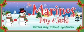 Personalized Christmas sign featuring Mr. and Mrs. Snowman with editable text lines for custom holiday greetings or family names.