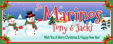 Personalized Christmas sign featuring Mr. and Mrs. Snowman with editable text lines for custom holiday greetings or family names.