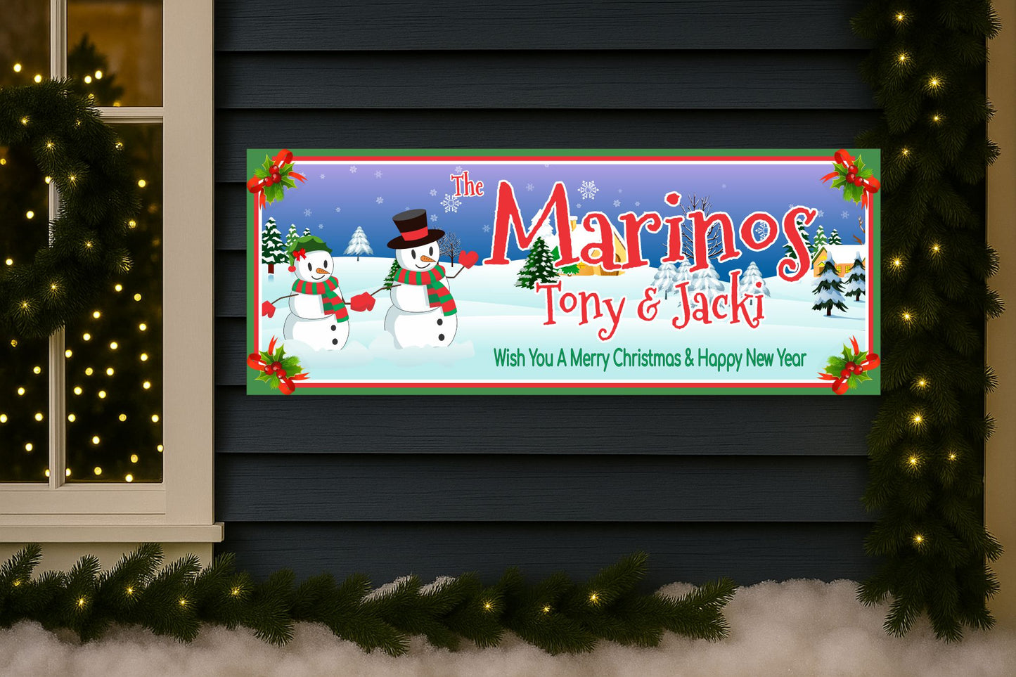Personalized snowman family Christmas sign displayed on a decorated porch with holiday lights
