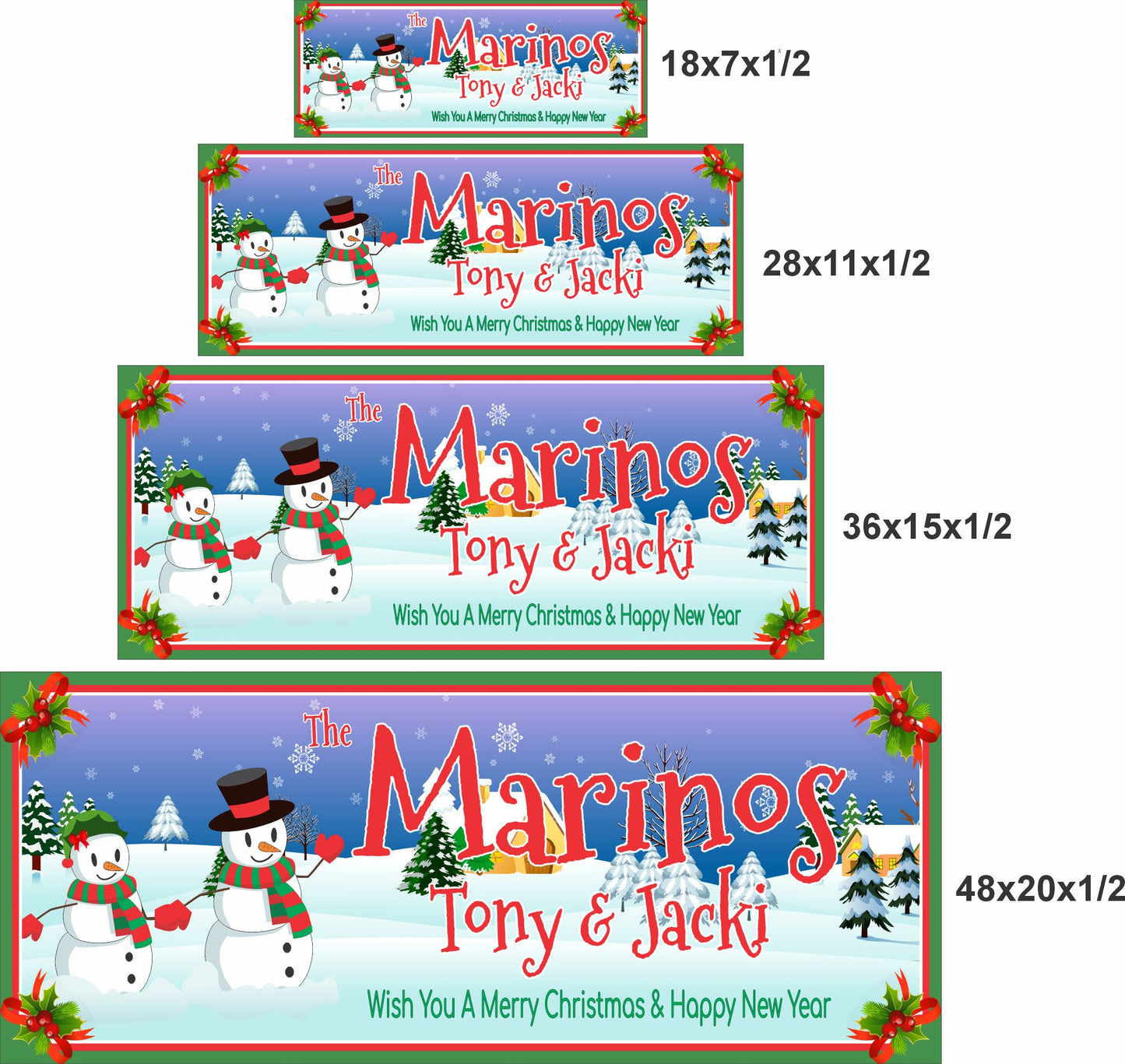 Personalized Christmas sign shown in four available sizes for scale comparison