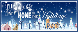 Personalized Home for the Holidays sign with hanging stars, white Christmas trees, and snowflakes. All lines of text are editable for custom holiday messages.
