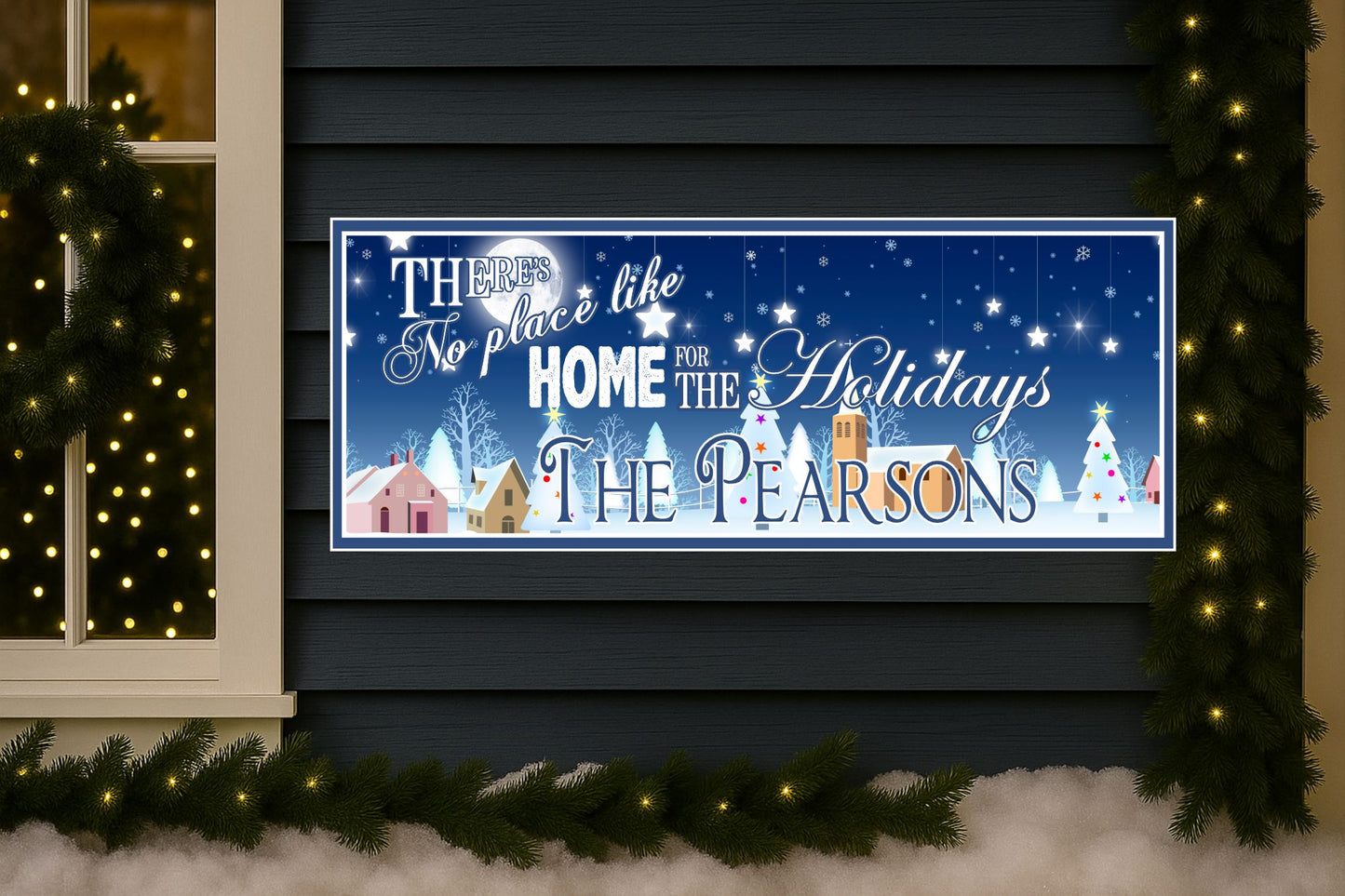 Personalized holiday family sign displayed on a cozy fireplace mantel with Christmas décor and glowing lights