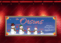 Personalized Christmas sign featuring a customizable snowman family and their pet, with options to add or subtract family members and pets.