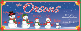 Personalized Christmas sign featuring a customizable snowman family and their pet, with options to add or subtract family members and pets.