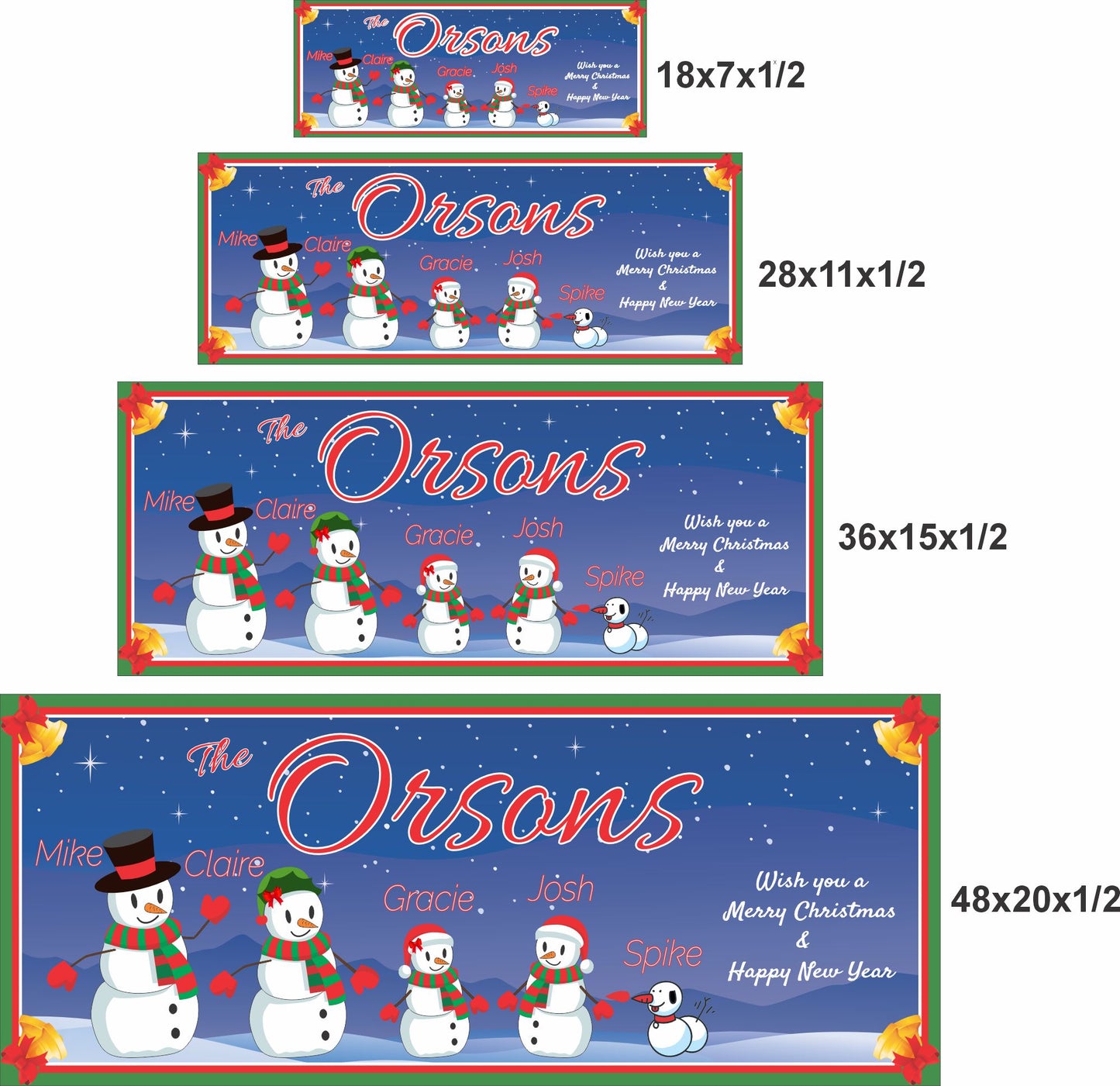 Four size options of a personalized snowman family holiday sign shown in 18x7, 28x11, 36x15, and 48x20 inches