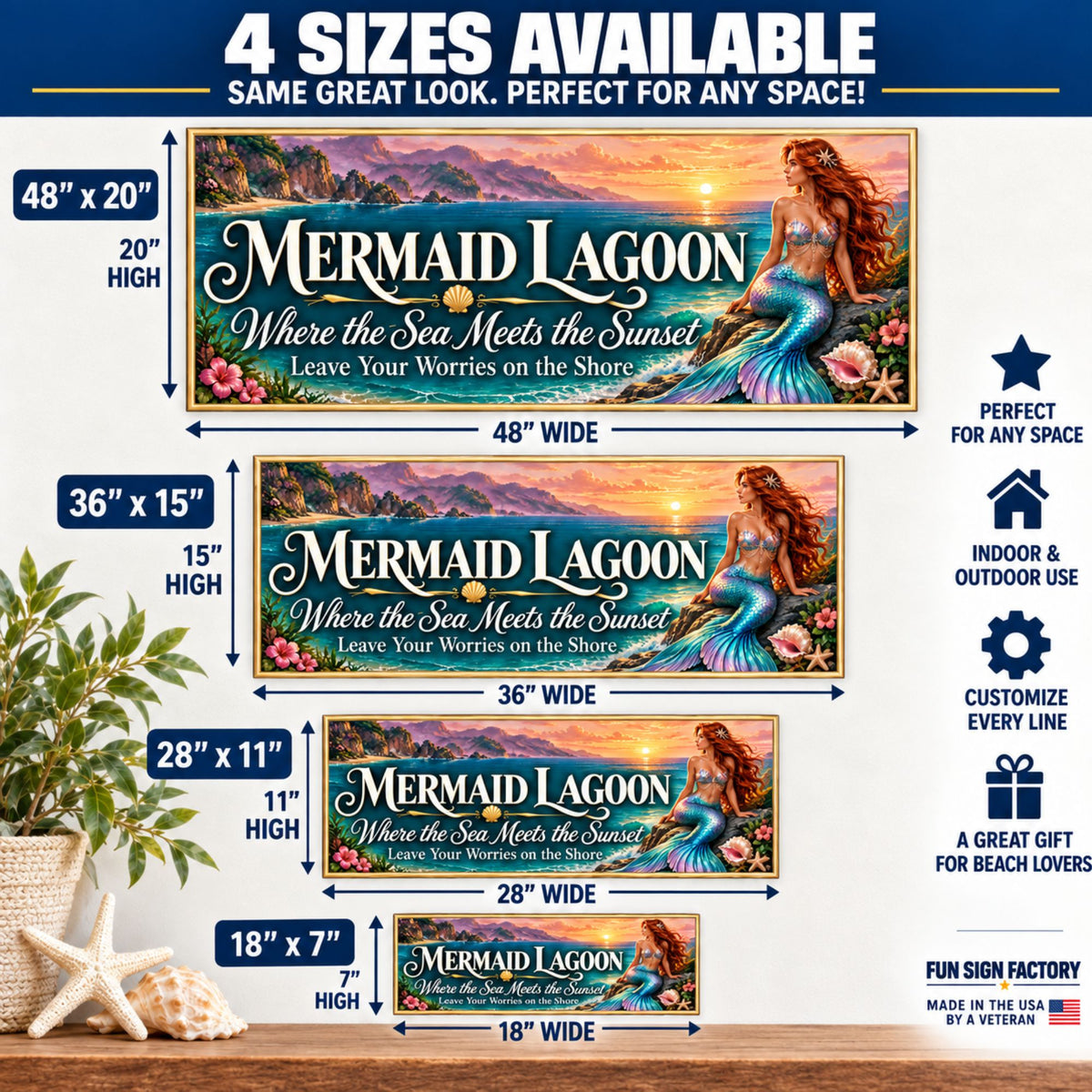 Mermaid Lagoon size guide showing gold-bordered signs in 48×20, 36×15, 28×11, and 18×7 inches, with measurement arrows, navy size badges, feature icons, and Fun Sign Factory branding.