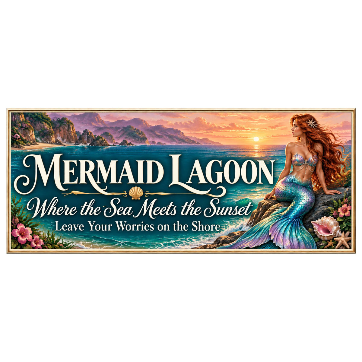 Custom Mermaid Lagoon sign featuring an auburn-haired mermaid beside a turquoise sea at sunset, ivory lettering, tropical flowers, seashells, and a printed gold border.