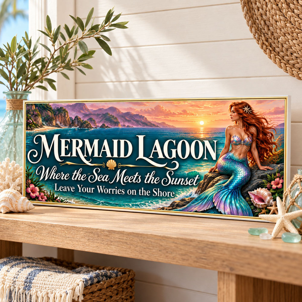 Mermaid Lagoon sign on a wooden coastal shelf, featuring sunset ocean artwork, three customizable text lines, a printed gold border, and a subtle white PVC edge.