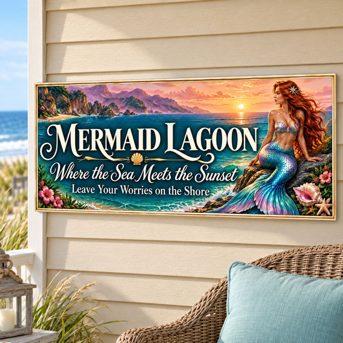 Personalized Mermaid Lagoon sign displayed on a seaside cottage porch wall above a wicker chair, featuring a shimmering mermaid tail, sunset ocean scenery, and ivory lettering.
