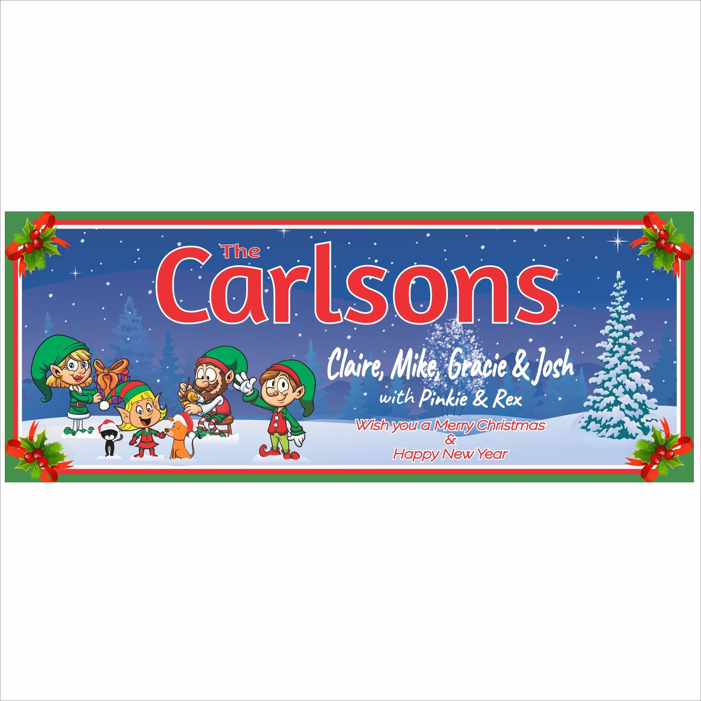 Personalized Christmas family elf sign with custom names and festive winter scene