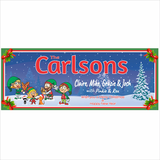 Personalized Christmas family elf sign with custom names and festive winter scene