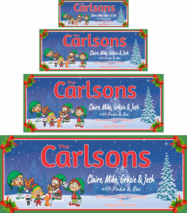Personalized Christmas sign featuring Santa's elves family with a dog and cat, wishing everyone a Merry Christmas, framed by a holly berry border.