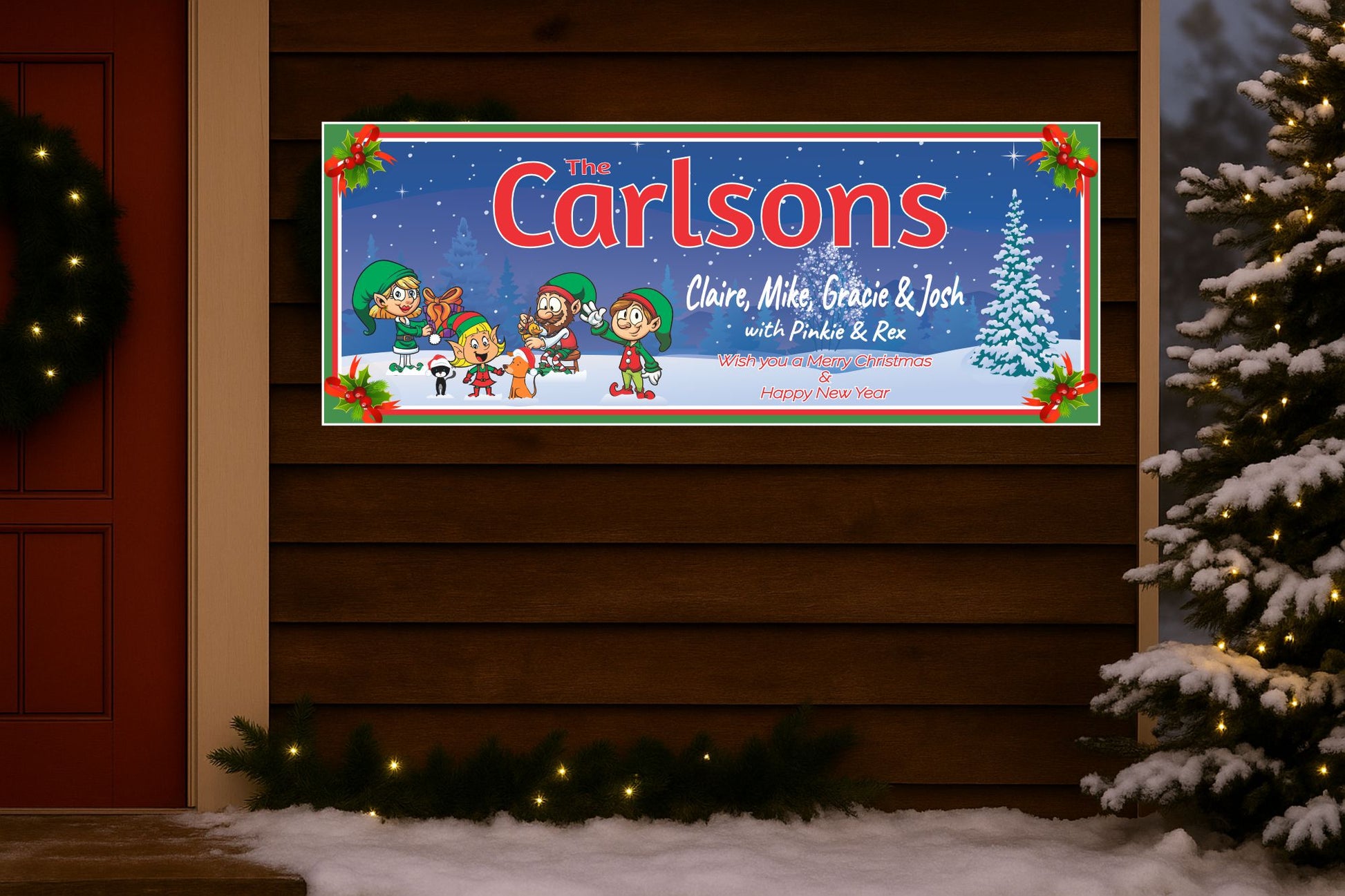 Custom Christmas family sign displayed on a front porch with holiday décor
