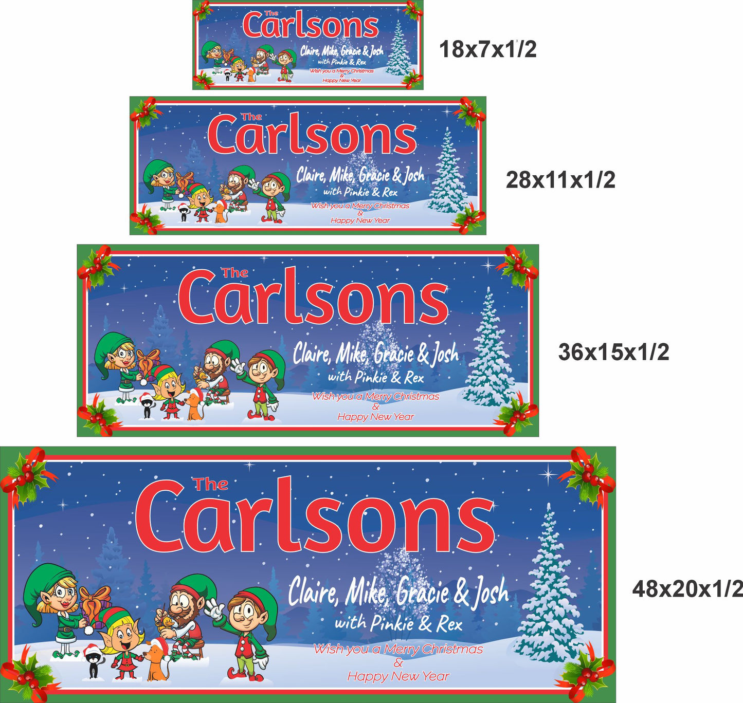 Christmas family elf sign shown in all four available size options