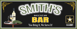 Personalized army bar sign with custom name, featuring a smoking cigar, wine glass, beret, and insignia on a table, glowing neon-style letters.