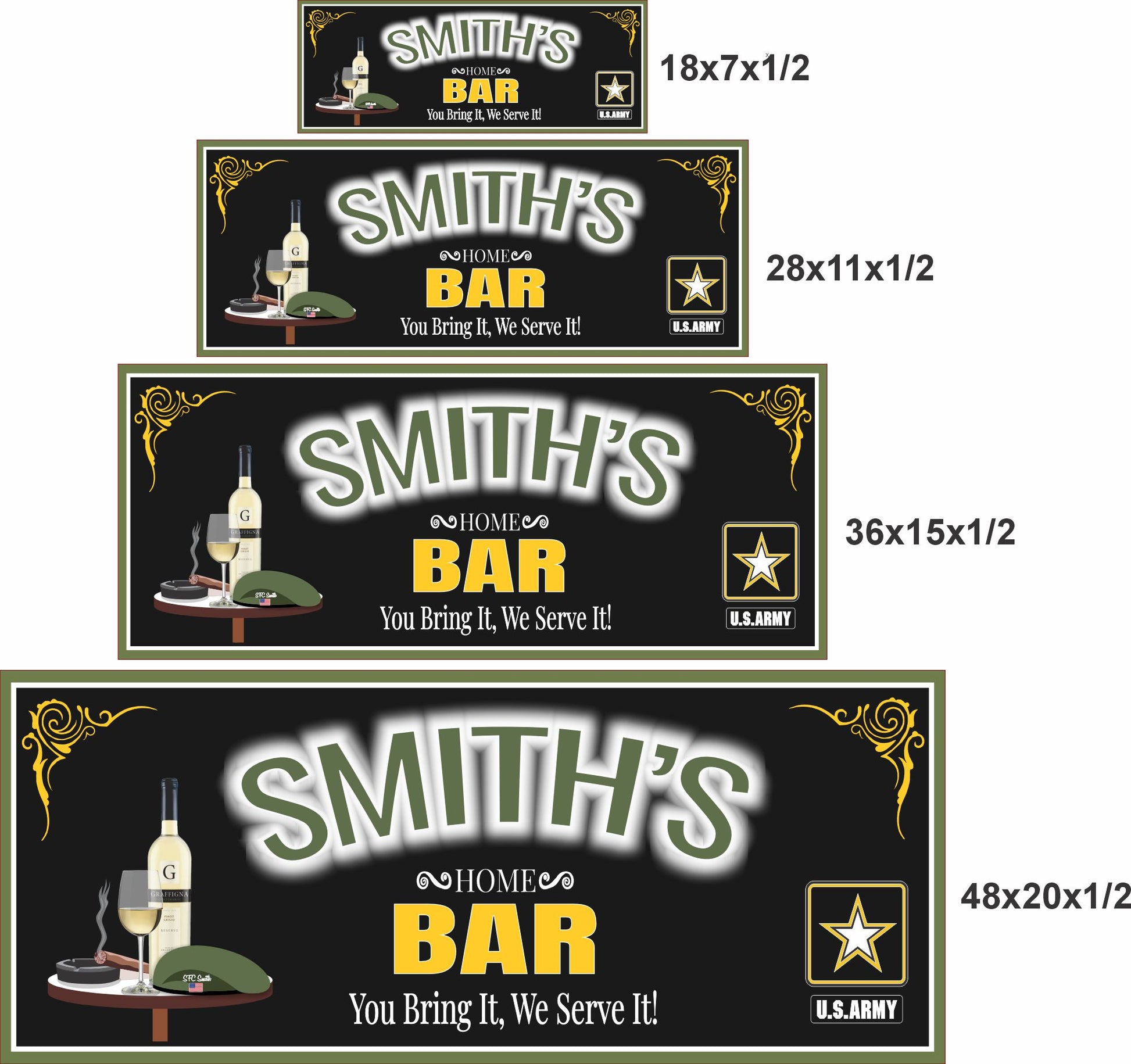 Military bar sign shown in 18x7, 28x11, 36x15, and 48x20 inch sizes