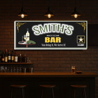 Military bar sign displayed above a home bar with warm lighting and bottles