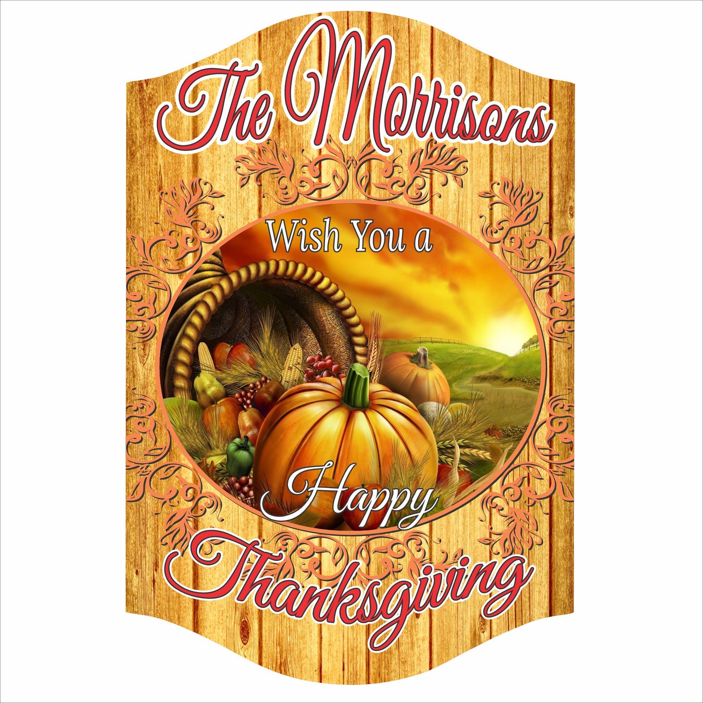 Personalized Thanksgiving harvest sign with family name, pumpkin and cornucopia artwork, and rustic fall background