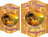 Personalized Thanksgiving sign with cornucopia, pumpkins, autumn sunset, faux wood plank background, and editable text.