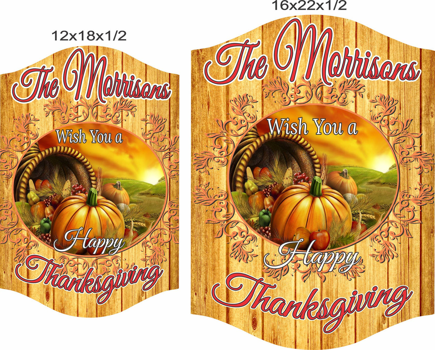 Personalized Thanksgiving harvest sign shown in 12x18 and 16x22 inch size options