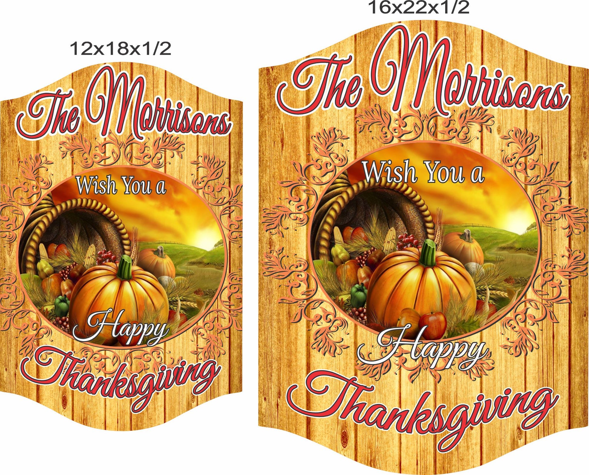 Personalized Thanksgiving harvest sign shown in 12x18 and 16x22 inch size options