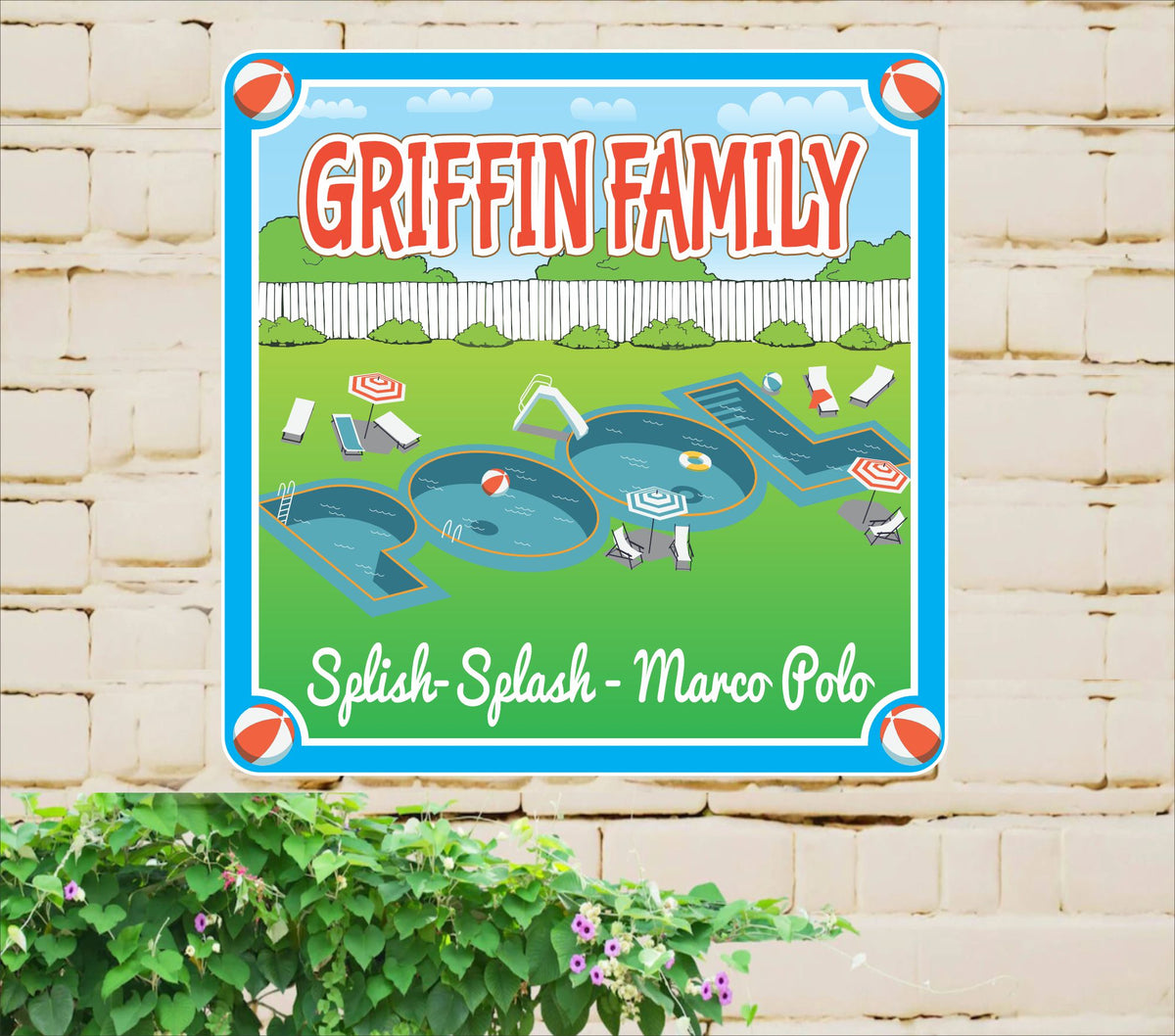Personalized Swimming Pool Sign with Pool-Shaped Text and Beach Balls ...