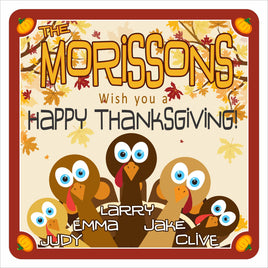 Personalized Thanksgiving family sign with cartoon turkeys, fall leaves, and customizable family names printed on vinyl mounted to PVC