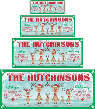 Personalized Christmas sign featuring a reindeer family with pets, decorated with white snowflakes, jingle bells, and a custom name in a snow-covered font. All text lines are editable, and the design includes reindeer labeled with family members' names and "reindeer" pets.
