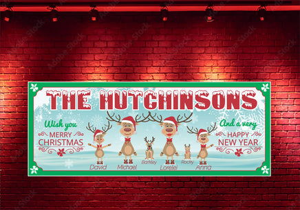 Personalized Christmas sign featuring a reindeer family with pets, decorated with white snowflakes, jingle bells, and a custom name in a snow-covered font. All text lines are editable, and the design includes reindeer labeled with family members' names and "reindeer" pets.